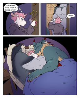 abs anthro anthrofied arm_spikes bed biceps big_muscles clothed clothing cuddling darkened_genitalia darkened_penis detailed_background door ear_piercing ear_ring elbow_spikes eye_bags flaccid furniture genitals group hair hoodie horn hug humanoid_genitalia humanoid_penis knocking knocking_on_door lamp larger_male lying male male_anthro muscular muscular_male nightstand on_back on_bed on_side pecs penis piercing pink_hair ring_piercing short_hair size_difference smaller_male snout spikes spikes_(anatomy) standing text thought_bubble topwear triceps under_covers wide_eyed galacticgoodie capcom monster_hunter mythology beetle_(galacticgoodie) delmore_(beatleboy62) elijah_(lieutenantskittles) fan_character canid canine canis dragon equid equine hybrid lagiacrus leviathan_(mh) mammal mythological_creature mythological_equine mythological_scalie scalie unicorn wolf 2024 comic english_text hi_res