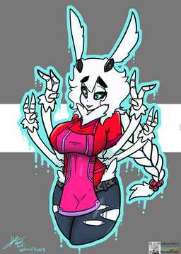 antennae_(anatomy) anthro apron big_breasts bottomwear braided_hair breasts clothing denim denim_bottomwear denim_clothing female hair jeans multi_limb non-mammal_breasts pants qr_code solo torn_bottomwear torn_clothing torn_jeans torn_pants halotroll fuzzy_(halotroll) arthropod insect lepidopteran moth absurd_res hi_res