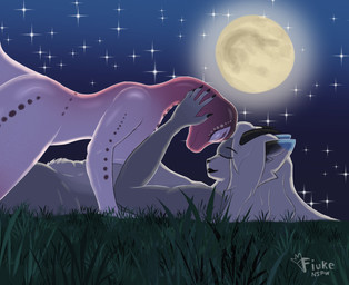 anthro body_contact closed_smile countershading duo eyes_closed female female/female forehead_touch fur grass grey_body hair hand_on_face hand_on_head horn light love markings moon moonlight mouth_closed nude outside pink_body plant romantic romantic_couple romantic_night smile spots thick_thighs tribal tribal_markings white_body white_hair fiuke neia_(rivetstheblue) riva_(rivetstheblue) felid feline leopard leopard_cat leopardus mammal pantherine prionailurus reptile scalie snake snow_leopard absurd_res digital_media_(artwork) hi_res