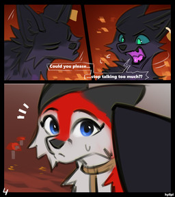 black_body black_fur black_nose blue_eyes dialogue female feral fur green_eyes male text hyilpi microsoft minecraft mojang xbox_game_studios endy_(hyilpi) vixy_(hyilpi) canid canine fox mammal comic english_text