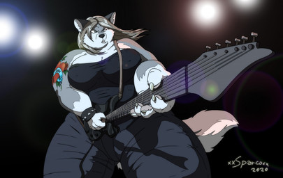 anthro arm_tattoo big_breasts bottomwear breasts brown_hair clothing electric_guitar female fur grey_body grey_fur guitar hair heart_tattoo multicolored_body multicolored_fur musical_instrument pants plucked_string_instrument shirt solo string_instrument tattoo teeth text thick_thighs topwear two_tone_body two_tone_fur xxsparcoxx sophia_(xxsparcoxx) canid canine canis mammal wolf 2020 artist_name digital_media_(artwork)