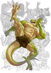 4_toes abs anisodactyl anthro black_bottomwear black_clothing black_shorts bottomwear clothing countershade_feet countershade_torso countershading feet green_body kick male muscular muscular_anthro muscular_male nipples open_mouth pecs sharp_teeth shorts soles solo tail teeth toes ymskk european_mythology mythology dragon mythological_creature mythological_scalie scalie western_dragon hi_res