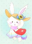 anthro bag beady_eyes blush clothing dress female flower fur hat headgear headwear looking_at_viewer plant solo sun_hat sunflower walking white_body white_fur t.p. sanrio wish_me_mell mell lagomorph leporid mammal rabbit 2013