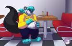 absurd_res belly binto binturong diner eating hi_res holding_belly mammal overweight restaurant shake slightly_chubby viverrid