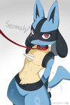 andromorph anthro blue_body blue_fur fur intersex interspecies leash leash_pull male pokephilia simple_background solo tail text bloodguard nintendo pokemon generation_4_pokemon lucario pokemon_(species) hi_res