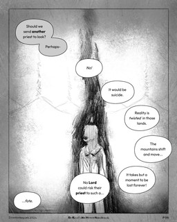 ambiguous_gender anthro border burning clothing dialogue eyeless mountain shirt smoke solo speech_bubble text topwear sharkinthepark canid canine mammal 2026 4:5 absurd_res comic english_text hi_res monochrome