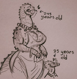 age_difference anthro bracelet breasts clothing dress duo eyewear female glasses jewelry male mature_female musical_note musical_symbol size_difference smile symbol text chilipeppers sonia_(chilipeppers) dinosaur prehistoric_species reptile scalie english_text hi_res