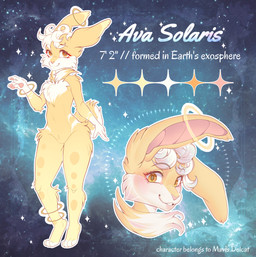 anthro blush chest_tuft color_swatch cosmic_background female fluffy fluffy_tail fur gloves_(marking) hair long_ears looking_at_viewer markings ring short_tail solo space space_background spots spotted_markings tail text tuft white_body white_fur white_hair yellow_body yellow_eyes yellow_fur rakimou ava_solaris lagomorph leporid mammal rabbit absurd_res english_text hi_res model_sheet