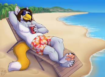 4_toes anthro beach beak bottomwear brown_hair bulge chest_tuft claws clothed clothing collarbone container cup day dipstick_tail drinking_straw eyewear feet hair hand_behind_head holding_container holding_cup holding_object lying male markings navel nipples outside palm_tree pawpads paws pink_pawpads plant sand sea shorts solo sunglasses tail tail_markings toes topless tree tuft water mimi-fox mythology avian gryphon mythological_avian mythological_creature 2024 colored digital_drawing_(artwork) digital_media_(artwork) hi_res shaded