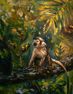 all_fours ambiguous_gender black_nose branch detailed_background feral forest fur grey_body grey_fur impressionism in_tree jungle leaf long_tail looking_away looking_up nature nude on_branch outside plant solo standing tail tree wood mienarano_(nico_3077272) haplorhine mammal monkey primate acrylic_painting_(artwork) full-length_portrait painting_(artwork) portrait traditional_media_(artwork) traditional_painting_(artwork)