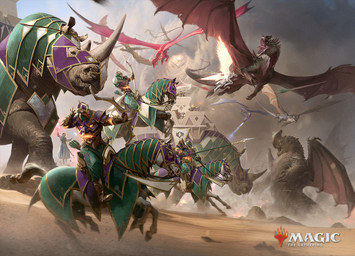 ambiguous_gender armor bow_(weapon) breath_powers elemental_manipulation feral fire fire_breathing fire_manipulation flying group holding_bow_(weapon) holding_melee_weapon holding_object holding_polearm holding_ranged_weapon holding_spear holding_weapon hooves horn male melee_weapon membrane_(anatomy) membranous_wings open_mouth outside polearm ranged_weapon red_body riding rock sand size_difference spear spread_wings tail tongue tongue_out weapon wings wraithdt hasbro magic:_the_gathering mythology wizards_of_the_coast dragon equid equine horse human mammal mythological_creature mythological_scalie rhinoceros scalie official_art