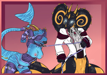 anthro aquamarine ball_gag bdsm belt blindfold bondage bound breasts collar crotchless_panties dragon duo female fin firefly8083 gag glowing_eyes horn leash leather male naga nipples panties pussy reptile scalie spikes stripes thigh_highs tongue underwear zarion
Rating: Explicit
Score: 8
User: Dr4gonC0re
Date: January 16, 2014
