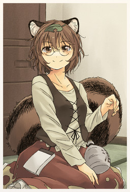 bottle bottomwear brown_clothing brown_eyes brown_hair brown_tail brown_topwear brown_vest clothing container eyewear female glasses hair leaf leaf_on_head long_sleeves looking_at_viewer pince-nez red_bottomwear red_clothing red_skirt shirt short_hair sitting skirt smile solo tail topwear vest yudepii touhou mamizou_futatsuiwa animal_humanoid canid canid_humanoid canine canine_humanoid humanoid mammal mammal_humanoid tanuki_humanoid 2012 hi_res