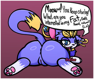 anus big_butt blue_eyes butt fangs female feral fur genitals highlights_(coloring) inner_labia looking_at_viewer looking_back lying on_front open_mouth pawpads paws purple_body purple_fur raised_tail simple_background solo tail teeth text vulva whiskers primsylveon league_of_legends riot_games tencent yuumi_(lol) domestic_cat felid feline felis mammal english_text hi_res shaded signature