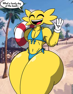 4_fingers beach big_butt bikini blue_bikini blue_clothing blue_swimwear butt clothing dialogue eyes_closed fingers gloves handwear huge_butt hyper hyper_butt male navel not_furry open_mouth pool_float smile solo speech_bubble swimwear text thick_thighs two-piece_swimsuit white_clothing white_gloves white_handwear wide_hips yellow_body yellow_skin heissenpie zerosenpie epic_games fortnite wonkee_(fortnite) humanoid 2025 english_description english_text hi_res