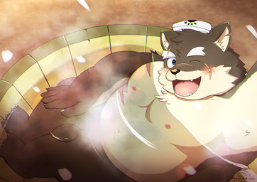 anthro bathing blush brown_body brown_fur eyebrows fur hot_tub male nude one_eye_closed scar solo thick_eyebrows towel water wink kamakitoron lifewonders tokyo_afterschool_summoners moritaka_(tas) canid canine canis domestic_dog mammal hi_res