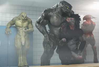 balls butt erection foreskin genitals group holding_penis locker male muscular muscular_male nude nude_male penis standing outofnecessity no-name-no-problem_(modeler) halo_(series) microsoft xbox_game_studios alien demon kig-yar sangheili scalie t'vaoan 3d_(artwork) digital_media_(artwork) hi_res
