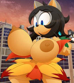 anthro areola big_breasts black_hair blue_eyes breast_expansion breasts city city_background clothed clothing expansion female grass_skirt hair huge_breasts jewelry macro nipples skimpy solo voluptuous_female wardrobe_malfunction slickehedge jungle_de_ikou makia mii_(jungle_de_ikou) eulipotyphlan hedgehog mammal hi_res