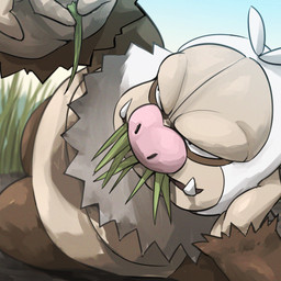 anthro belly black_eyes blue_sky brown_body brown_fur day dirt eating eating_grass fingers fur grass grass_in_mouth holding_grass lying male male_anthro moobs multicolored_body multicolored_fur nude nude_anthro nude_male on_side outside pink_nose plant ruff sky solo tan_body tan_fur tusks white_body white_fur spicyichizo nintendo pokemon generation_3_pokemon mammal pokemon_(species) slaking 1:1 2026 absurd_res hi_res shaded