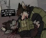 anthro blood bodily_fluids clothing duo fight gun male male/male military military_uniform ranged_weapon text uniform violence weapon maggotnizer canid canine canis hybrid mammal wolf wolfdog english_text hi_res