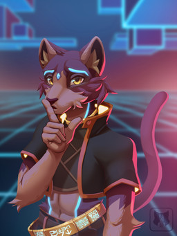 anthro belt biped cheek_tuft clothed clothing facial_tuft fluffy_ears fur geometric_background glowing glowing_clothing glowing_eyebrows glowing_eyes glowing_markings grid_background male markings outline pattern_background pink_outline purple_body purple_fur shush simple_background solo synthwave tuft kathai shhh-quiet kathai_sona domestic_cat felid feline felis mammal 3:4 absurd_res digital_media_(artwork) digital_painting_(artwork) half-length_portrait hi_res painting_(artwork) portrait shaded