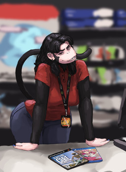 anthro arm_support black_body black_fur black_hair blue_nails bottomwear braces clothed clothing collared_shirt colored_nails denim denim_bottomwear denim_clothing ear_piercing female fur game_case hair head_tilt inside jeans lanyard leaning leaning_forward looking_at_viewer nails pants piercing red_eyes shirt smile smiling_at_viewer solo toothy_grin topwear redustheriotact atlus catherine_(video_game) demolition_girl gamestop playstation playstation_2 playstation_4 sega sony_corporation sony_interactive_entertainment janette_(redustheriotact) haplorhine mammal monkey primate 2026 hi_res