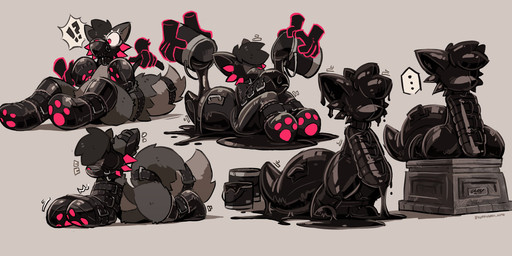 4_fingers anthro bdsm biped blindfold bondage booties bound clothed clothing disembodied_hand ellipsis fingers fur group handwear interrobang kneeling latex liquid_latex male mittens paint_bucket sculpture simple_background solo_focus statue statuefication struggling surprised toony transformation transformation_sequence kurousagi_kemo berkut_(shadowdust) canid canine canis mammal wolf 2025 absurd_res digital_media_(artwork) hi_res sequence