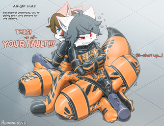 anthro arms_tied bdsm bickering binder_(restraint) blush blush_lines bondage bound clothed clothing duo forced latex latex_clothing latex_skinsuit legs_tied male male/male null_bulge offscreen_character prison prison_uniform restraints sex_toy skinsuit spread_legs spreading straitjacket text text_on_clothing tight_clothing vibrator wand_vibrator hiconnen hicon roa_(nightmareroa) domestic_cat felid feline felis mammal english_text hi_res