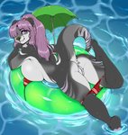 4_toes anthro arms_bent bent_leg big_breasts bikini breasts butt clothing extended_leg feet female fingers foot_in_water fur genitals grey_body grey_fur hair head_turned huge_breasts inflatable inflatable_ride inflatable_support inner_tube long_hair looking_at_viewer looking_back looking_back_at_viewer lying lying_on_pool_toy multicolored_body multicolored_fur on_front on_pool_toy on_swim_ring one_calf_up one_eye_obstructed open_mouth outside partially_submerged pool_toy purple_eyes purple_hair pussy raised_calf raised_leg raised_tail smile soles solo swim_ring swimwear tail toes tucked_arm two-piece_swimsuit umbrella untied untied_bikini water waterscape wet niis mammal mustelid otter digital_media_(artwork) hi_res