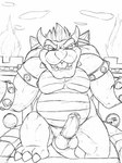 anthro balls bodily_fluids dripping erection fangs foreskin front_view genital_fluids genitals horn humanoid_genitalia humanoid_penis looking_at_viewer male musclegut muscular nude open_mouth overweight overweight_anthro overweight_male penis precum precum_drip shell solo standing teeth vein veiny_penis crazydrak mario_bros nintendo bowser koopa scalie 2013 dated hi_res monochrome
