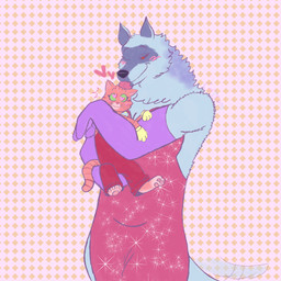 affectionate alternate_costume alternate_species anthro armwear blush carrying_another carrying_partner clothed clothing cosplay crossdressing crossdressing_male dress duo elbow_gloves emanata facial_markings fur fuzzy gloves green_eyes grey_body grey_fur handwear head_lick head_markings heart_eyes heart_symbol holding_another holding_partner hug licking love male male/male markings mask_(marking) one_eye_closed orange_body orange_fur pawpads red_clothing red_eyes simple_background size_difference smile sparkles sparkling_clothing standing tail tongue tongue_out whiskers wink s0daradi0 disney dreamworks puss_in_boots_(franchise) who_framed_roger_rabbit death_(puss_in_boots) puss_in_boots_(dreamworks) canid canine canis domestic_cat felid feline felis mammal tabby_cat wolf 1:1 unavailable_at_source