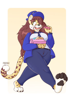anthro clothing eating feet female large_hair pawpads solo standing walking mestysa styxx_(goliath-the-second) cheetah felid feline mammal absurd_res hi_res