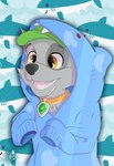 collar fangs feral male shark_costume smile solo teeth tongue ereezart nickelodeon paw_patrol rocky_(paw_patrol) canid canine canis domestic_dog mammal mixed_breed