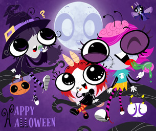 4_arms antennae_(anatomy) anthro big_eyes black_clothing black_dress black_footwear black_sclera black_shoes black_sneakers blue_hair bottomwear candy clothing dessert dress female food footwear freckled_face freckles gloves grey_body grey_skin group hair halloween_bucket handwear hat headgear headwear holidays legwear mary_janes moon multi_arm multi_limb orange_bottomwear orange_clothing orange_skirt orange_stripes pattern_clothing pattern_footwear pattern_legwear pattern_socks pink_hair purple_clothing purple_dress red_clothing red_footwear red_hair red_socks shoes skirt sneakers socks striped_clothing striped_footwear striped_socks stripes white_body white_clothing white_gloves white_handwear white_skin witch_costume witch_dress witch_hat young zombie_costume mags-niac disney halloween ruby_gloom_(series) the_buzz_on_maggie allison_gloomfly maggie_pesky misery_(ruby_gloom) ruby_gloom arthropod black_witch domestic_silk_moth fly_(animal) insect lepidopteran moth hi_res