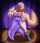 anthro beak big_breasts breasts claws clothing dress feathers female muffin_top non-mammal_breasts singing solo stage tight_clothing trias kleine_stimme caenagnathid dinosaur feathered_dinosaur feathered_scalie gigantoraptor prehistoric_species reptile scalie theropod absurd_res hi_res