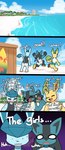 beach clothing cloud dialogue footwear hotel palm_tree plant sandals sea shoes surfboard tree water burgerkiss conditional_dnp nintendo pokemon dwayne_johnson canid canine eeveelution generation_4_pokemon glaceon leafeon lucario mammal pokemon_(species) 2024 comic hi_res