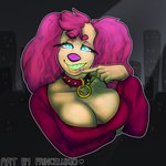 5_fingers anthro big_breasts blue_eyes breasts cleavage cleavage_overflow clenched_teeth clothed clothing collar eyebrow_through_hair eyebrows eyelashes female fingers front_view fur gesture glowing glowing_eyes hair hand_gesture holding_breast lips looking_at_viewer pink_clothing pink_hair pink_shirt pink_topwear pointing pointing_at_self sharp_teeth shirt simple_background smile smiling_at_viewer solo spiked_collar spikes teeth teeth_showing topwear translucent translucent_hair yellow_body yellow_fur yellow_sclera yellow_skin puppeon art_fight bird_dog canid canine canis cavalier_king_charles_spaniel domestic_dog hunting_dog mammal spaniel toy_dog 1:1 absurd_res half-length_portrait hi_res portrait