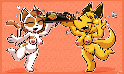 4_fingers accessory anthro big_breasts big_butt black_inner_ear blush bodily_fluids breasts brown_body brown_fur brown_hair butt chibi duo eyes_closed female fingers food fur genitals gesture hair hair_accessory hand_gesture medium_breasts nipples on_one_leg orange_background pink_nipples pose simple_background smile sparkles standing sushi sweat sweatdrop thick_thighs v_sign vulva white_body white_fur felino carina_(felino) christie_(felino) canid canine domestic_cat felid feline felis fox mammal 2026 5:3 hi_res sibling_(lore) sister_(lore) sisters_(lore)