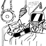 2_antennae antennae_(anatomy) anthro bed bedding black_text blanket drill duo exclamation_point fangs female female_humanoid furniture hand_on_blanket hands_on_object holding_blanket holding_object ill long_antennae male male_anthro narrowed_eyes on_bed pillow scientific_instrument talking_to_another teeth text thermometer thermometer_in_mouth nanodude78 invader_zim nickelodeon tak_(invader_zim) alien alien_humanoid domestic_cat felid feline felis humanoid irken mammal 2024 black_and_white english_text hi_res monochrome