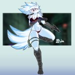 anthro big_tail blue_body claws clothing feathers female fluffy gun leg_strap markings ranged_weapon solo tail underwear weapon white_body ara_squawks arathemacaw tyra_(arathemacaw) avian bird owl 1:1 absurd_res hi_res