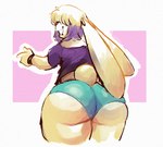 anthro big_butt blonde_hair blue_clothing blue_panties blue_underwear bracelet butt clothing femboy floppy_ears fur geometric_background hair hair_over_eyes highlights_(coloring) jewelry lop_ears male midriff outline panties pink_background purple_clothing purple_highlights purple_shirt purple_topwear rear_view red_nose scut_tail shirt short_tail simple_background solo tail tan_body tan_fur topwear underwear white_outline wolfgirl9million clive_(wolfgirl9million) lagomorph leporid mammal rabbit 2025