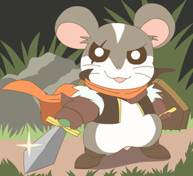 ambiguous_gender armor boots cape clothing eye_scar facial_scar feral footwear fur gauntlets gloves grass grey_body grey_fur handwear jacket jacket_vest melee_weapon plant rock scar semi-anthro shield shoes solo sword topwear vest warrior weapon white_body white_fur pichu90 hamtaro_(series) yu-gi-oh! master_of_ham cricetid duel_monster hamster mammal rodent