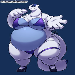 5_fingers anthro belly big_belly big_breasts big_fingers blue_body breasts clothing fat_neck female fingers footwear high_heels long_tail looking_at_viewer morbidly_obese multicolored_body no_navel obese overweight overweight_anthro overweight_female shoes smile solo standing tail text thick_tail triangle_bikini two_tone_body white_body nekocrispy nintendo pokemon generation_2_pokemon legendary_pokemon lugia pokemon_(species) 1:1 2024 signature url