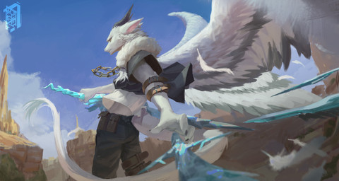 anthro armband black_bottomwear black_clothing black_horn black_pants black_topwear blue_sky bottomwear chain clothed clothing cloud ears_back feathered_wings feathers fur grey_body grey_feathers grey_wings holding_object holding_weapon horn male midriff mouth_closed outside pants pivoted_ears sky solo standing tail three-quarter_view topwear unsigned weapon white_body white_clothing white_feathers white_fur white_topwear white_wings wings yellow_eyes awaldkize mythology dragon furred_dragon furred_scalie mythological_creature mythological_scalie scalie absurd_res hi_res portrait three-quarter_portrait