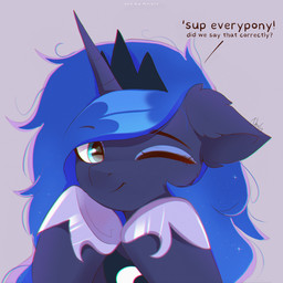 1_horn black_neckwear black_tiara blue_eyeshadow blue_hair closed_smile crown dialogue eyelashes eyeshadow female female_feral feral fur hair headgear highlights_(coloring) hooves horn looking_at_viewer makeup monotone_background mouth_closed one_eye_closed pink_highlights purple_background purple_body purple_hooves quadruped simple_background smile solo spiral_horn teal_eyes text tiara wink winking_at_viewer nnalyart friendship_is_magic hasbro my_little_pony mythology princess_luna_(mlp) equid equine mammal mythological_creature mythological_equine unicorn 1:1 absurd_res digital_drawing_(artwork) digital_media_(artwork) english_text hi_res shaded