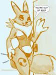 anthro breasts clothed clothing dialogue female fluffy fluffy_tail fully_clothed neck_tuft onomatopoeia solo sound_effects speech_bubble standing tail text thong tuft underwear bluedouble bandai_namco digimon canid digimon_(species) mammal renamon 3:4 english_text hi_res monochrome sketch