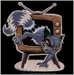 ambiguous_gender anthro border creepy crt electronics red_eyes shadow solo tail teeth television text white_border zombidj rockoons mammal procyonid raccoon milo_(disambiguation) 2009 colored url