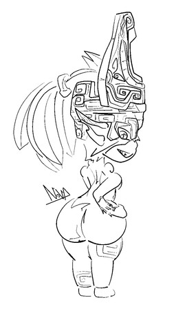 big_butt butt clothing female fused_shadow headgear headwear looking_back nude smug_grin solo nova_prowler nintendo the_legend_of_zelda twilight_princess midna humanoid imp twili black_and_white hi_res monochrome sketch