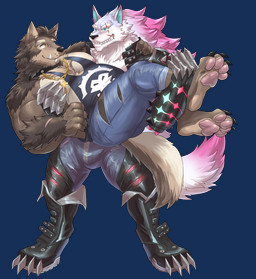 anthro arm_tuft armor barazoku beard biceps black_bottomwear black_clothing black_collar blue_bottomwear blue_clothing blue_eyes blue_inner_ear blue_jeans blue_pants blue_shirt blue_tank_top blue_topwear bottomwear brown_body brown_fur brown_hair chaps claws clothing collar denim denim_bottomwear denim_clothing digitigrade duo ear_piercing ear_ring eye_contact eye_scar facial_hair facial_scar fangs finger_claws fur gauntlets gloves grin hair handwear highlights_(coloring) jacket jeans leather leather_chaps leather_clothing leather_jacket leather_topwear lifting_partner lip_scar looking_at_another male male/male muscular muscular_anthro muscular_male nipples pants pawpads pecs piercing pink_highlights ring_piercing scar shirt smile spiked_collar spikes tail tan_body tan_fur tank_top teeth toe_claws topwear tuft tusks underpaw white_body white_fur yellow_eyes weedwolf dislyte lilith_games mythology bruno_(rossciaco) freddy_(dislyte) canid canine canis mammal mythological_canine mythological_creature werecanid werecanine werecreature werewolf wolf 2026 alpha_channel
