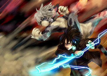 :< anthro bell bell_collar blue_eyes collar duo featureless_crotch hair kemono male nude white_hair tetetor-oort wessel_(tetetor-oort) human mammal japanese_description